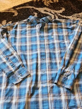 Ariat Blue Plaid Button-Down Shirt with Brown Accents